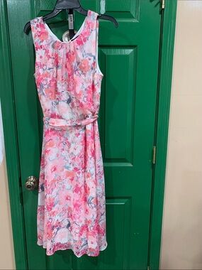 R&K Pink Floral Sleeveless Midi Dress with Self Tie